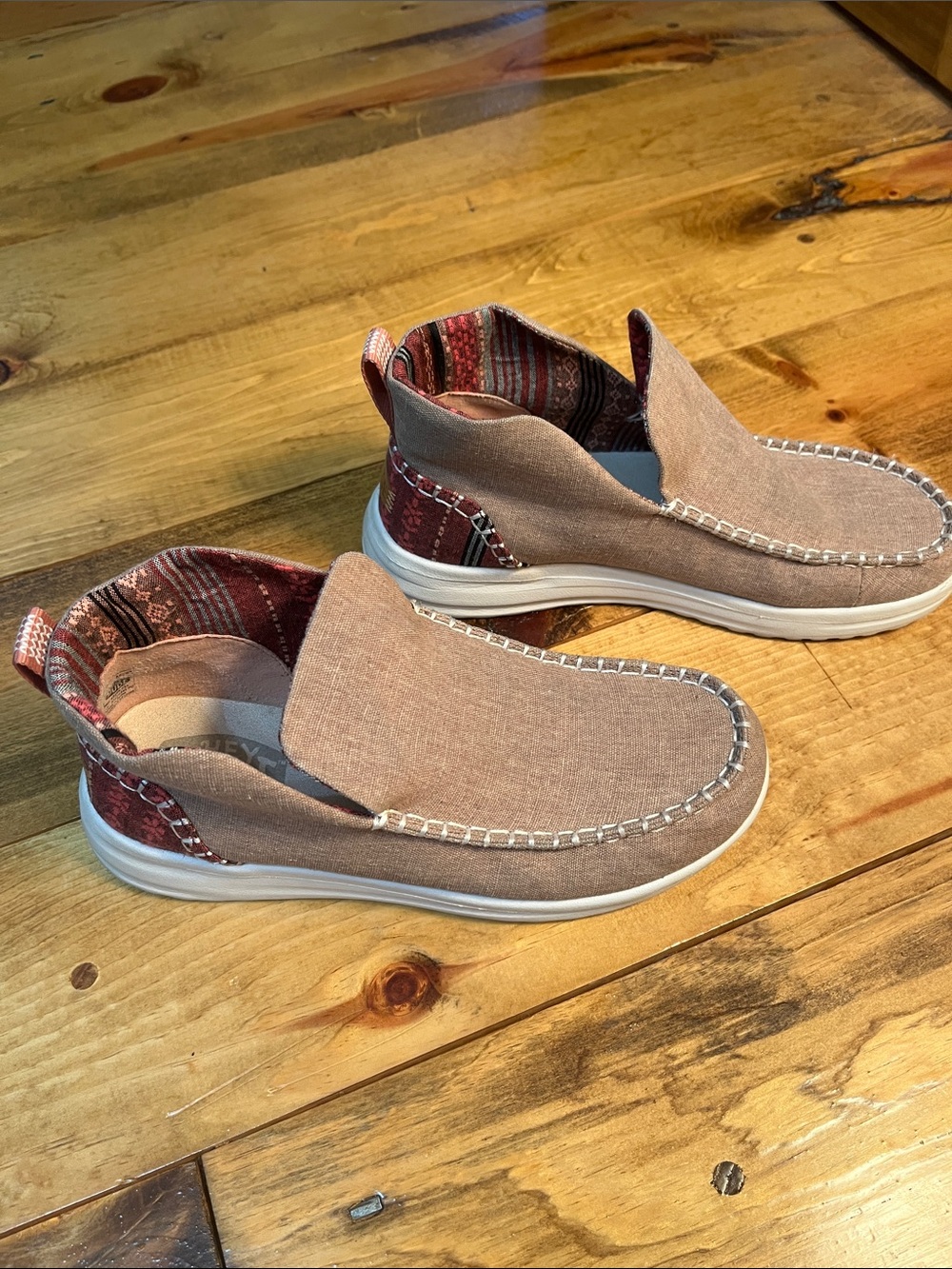Hey Dude Women's Slip-On Loafers in Taupe with Red Patterned Heel